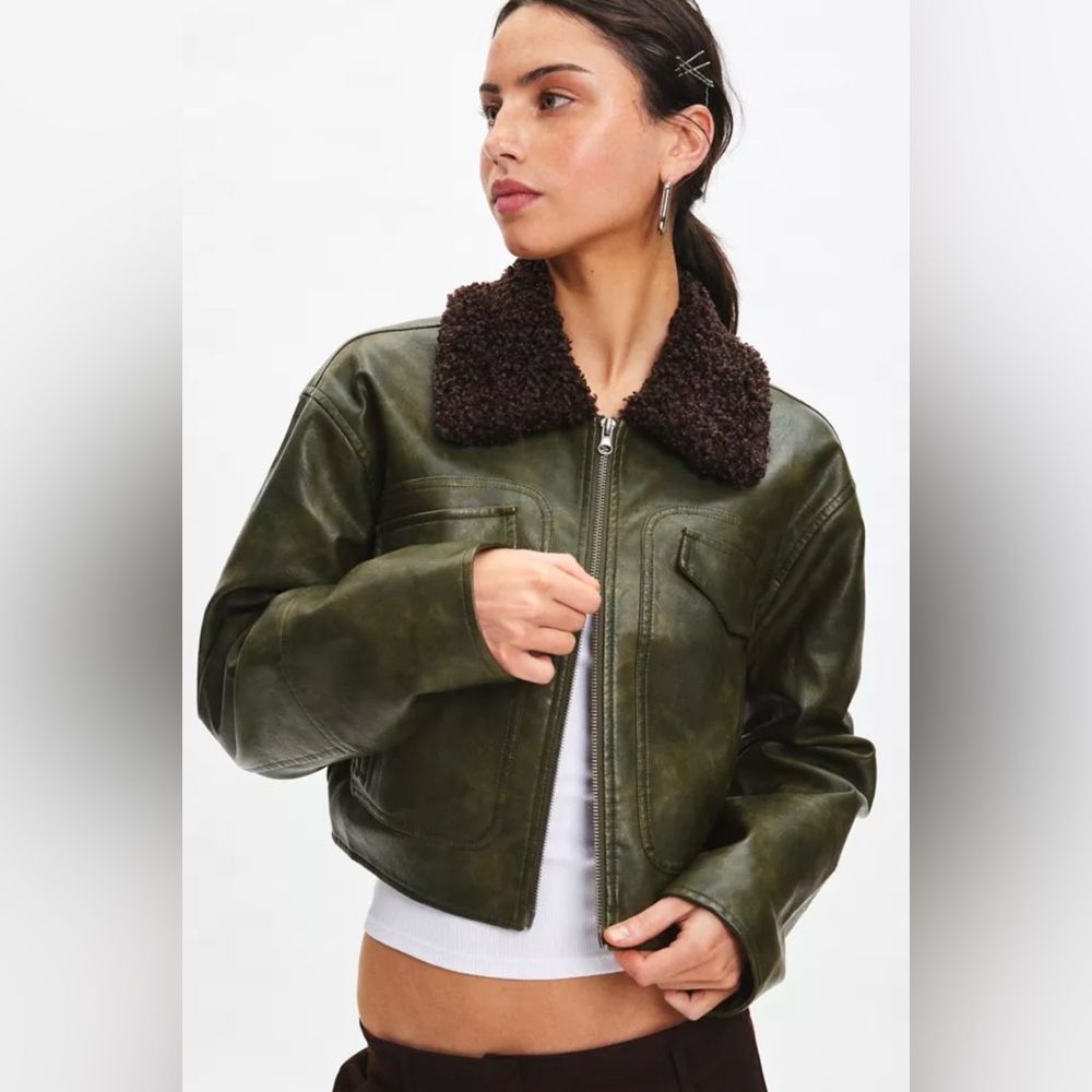 BDG Janine Faux Leather Cropped Aviator Jacket